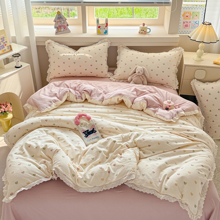 91家纺网 家纺一手货源 找家纺 芯贝儿 2025新款全m纯m花边木m邹邹双层纱水洗m四件套 心动