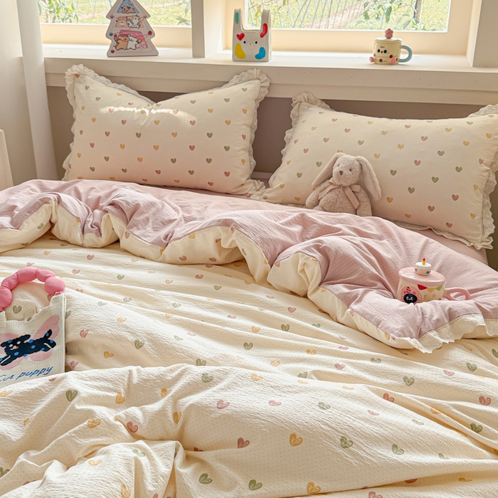 91家纺网 家纺一手货源 找家纺 芯贝儿 2025新款全m纯m花边木m邹邹双层纱水洗m四件套 心动