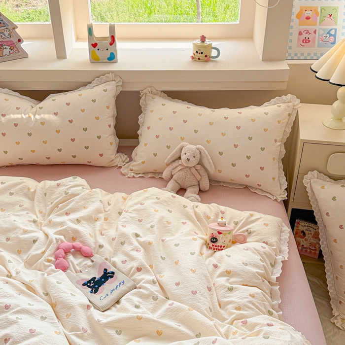 91家纺网 家纺一手货源 找家纺 芯贝儿 2025新款全m纯m花边木m邹邹双层纱水洗m四件套 心动