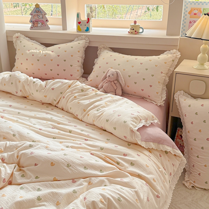 91家纺网 家纺一手货源 找家纺 芯贝儿 2025新款全m纯m花边木m邹邹双层纱水洗m四件套 心动