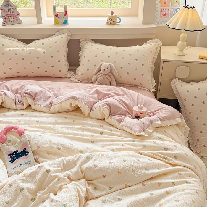 91家纺网 家纺一手货源 找家纺 芯贝儿 2025新款全m纯m花边木m邹邹双层纱水洗m四件套 心动