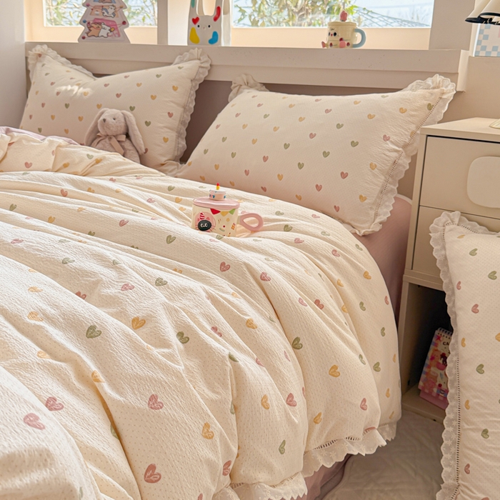 91家纺网 家纺一手货源 找家纺 芯贝儿 2025新款全m纯m花边木m邹邹双层纱水洗m四件套 心动