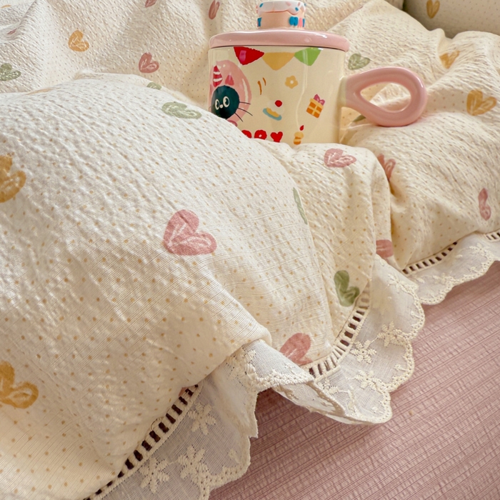 91家纺网 家纺一手货源 找家纺 芯贝儿 2025新款全m纯m花边木m邹邹双层纱水洗m四件套 心动