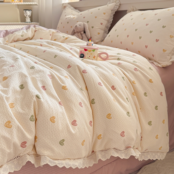 91家纺网 家纺一手货源 找家纺 芯贝儿 2025新款全m纯m花边木m邹邹双层纱水洗m四件套 心动