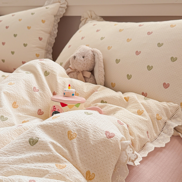 91家纺网 家纺一手货源 找家纺 芯贝儿 2025新款全m纯m花边木m邹邹双层纱水洗m四件套 心动