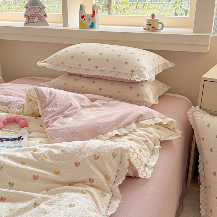 91家纺网 家纺一手货源 找家纺 芯贝儿 2025新款全m纯m花边木m邹邹双层纱水洗m四件套 心动