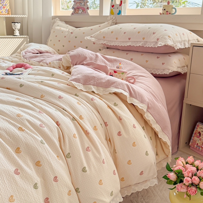 91家纺网 家纺一手货源 找家纺 芯贝儿 2025新款全m纯m花边木m邹邹双层纱水洗m四件套 心动