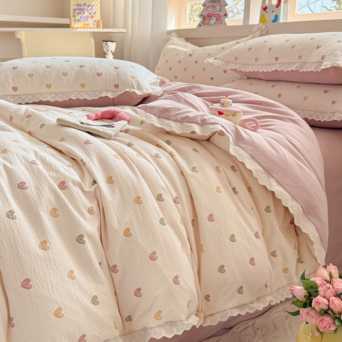 91家纺网 家纺一手货源 找家纺 芯贝儿 2025新款全m纯m花边木m邹邹双层纱水洗m四件套 心动