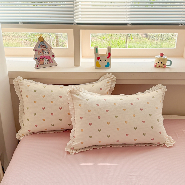 91家纺网 家纺一手货源 找家纺 芯贝儿 2025新款全m纯m花边木m邹邹双层纱水洗m四件套 心动