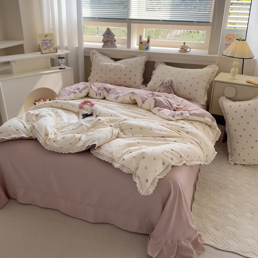 91家纺网 家纺一手货源 找家纺 芯贝儿 2025新款全m纯m花边木m邹邹双层纱水洗m四件套 心动