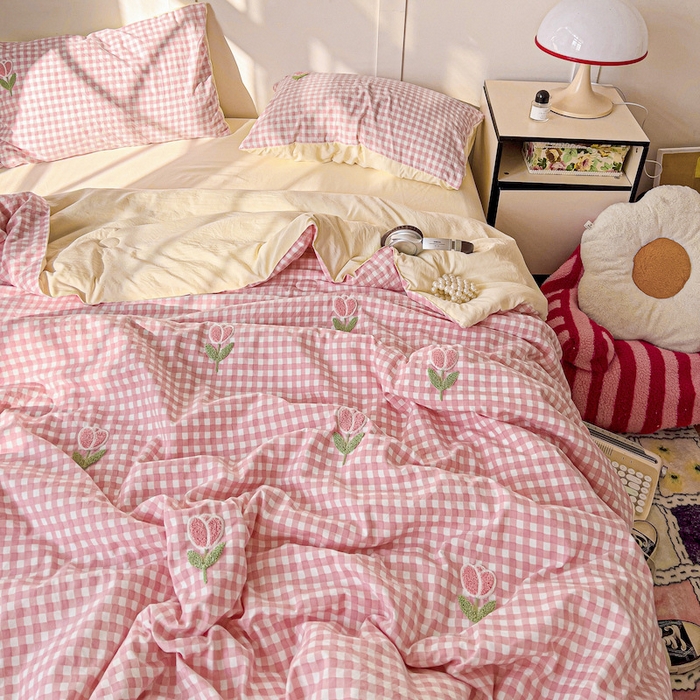 灰鲸 2025新款云朵棉毛巾绣夏被四件套 郁金香-粉格+奶油黄