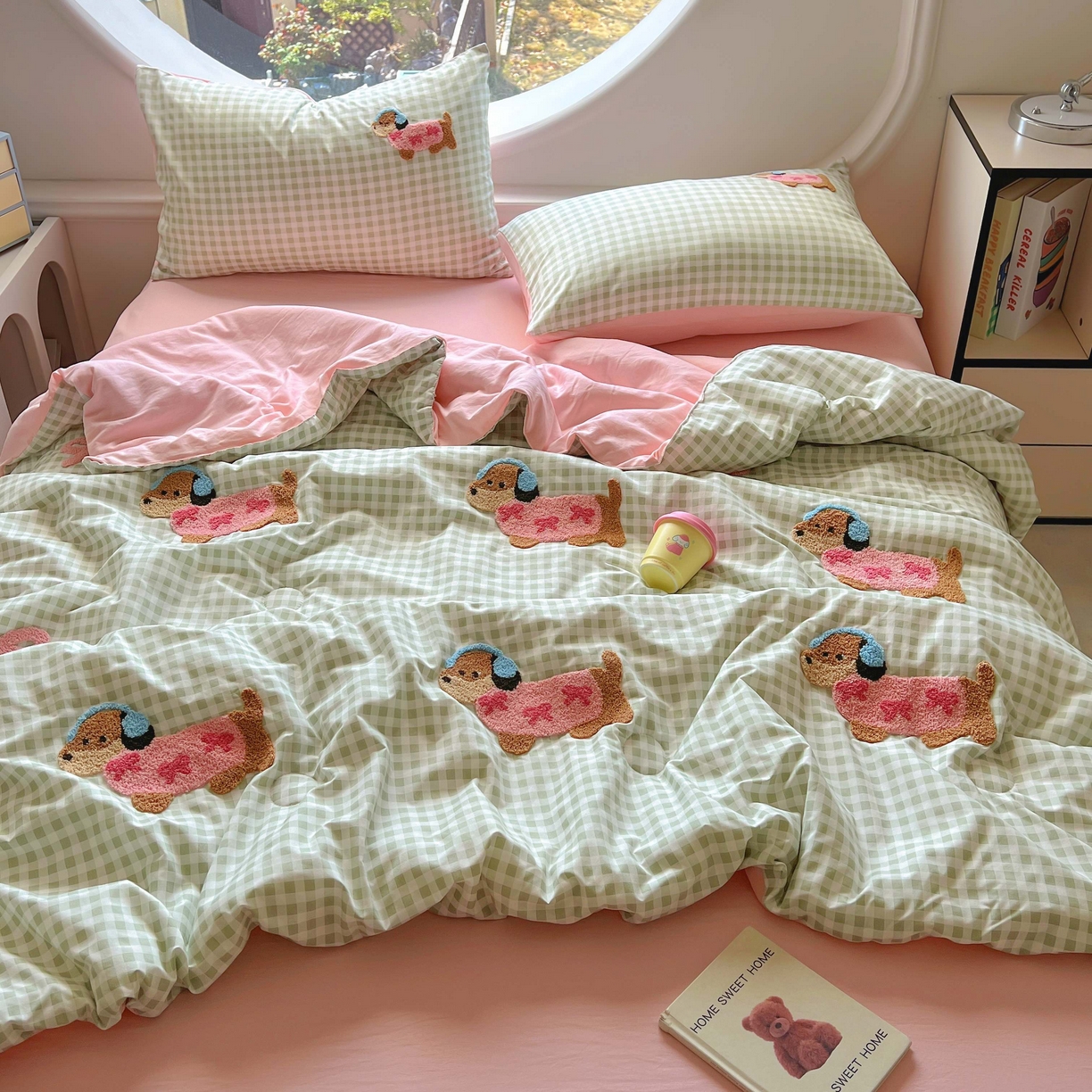 91家纺网 家纺一手货源 找家纺 灰鲸 2025新款云朵棉毛巾绣夏被四件套 蝴蝶结腊肠狗-绿格+樱花粉