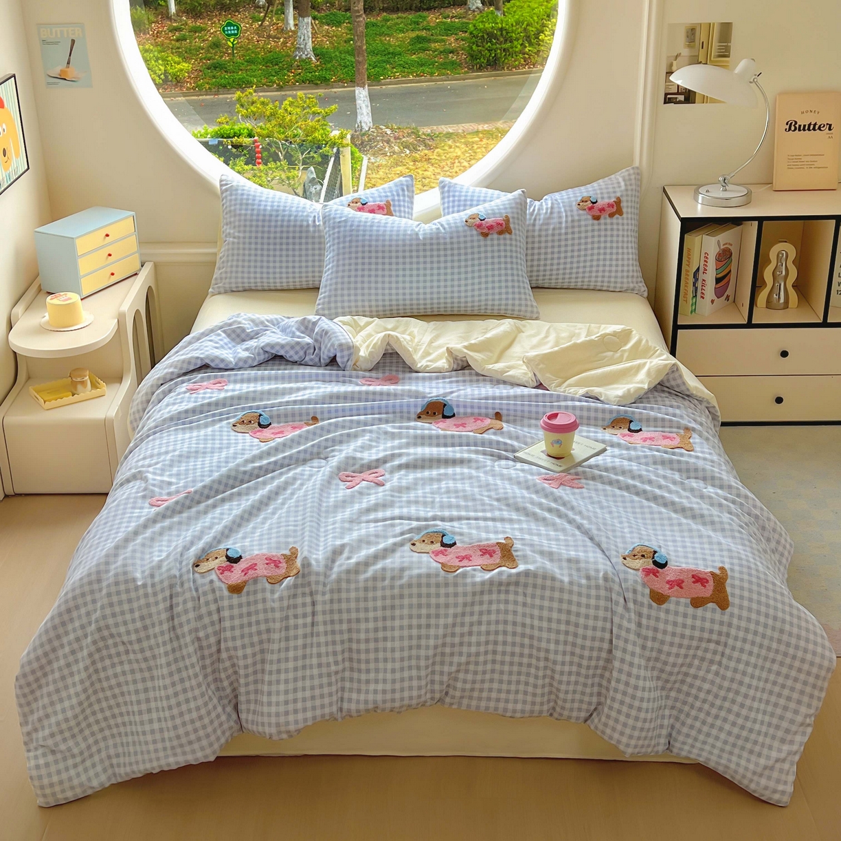 灰鲸 2025新款云朵棉毛巾绣夏被四件套 蝴蝶结腊肠狗-蓝格+奶油黄