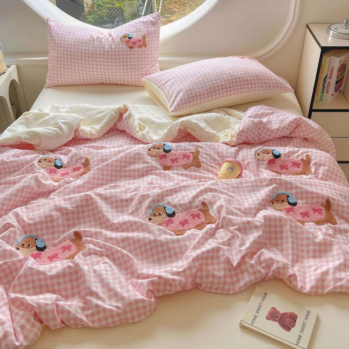 灰鲸 2025新款云朵棉毛巾绣夏被四件套 蝴蝶结腊肠狗-粉格+奶油黄