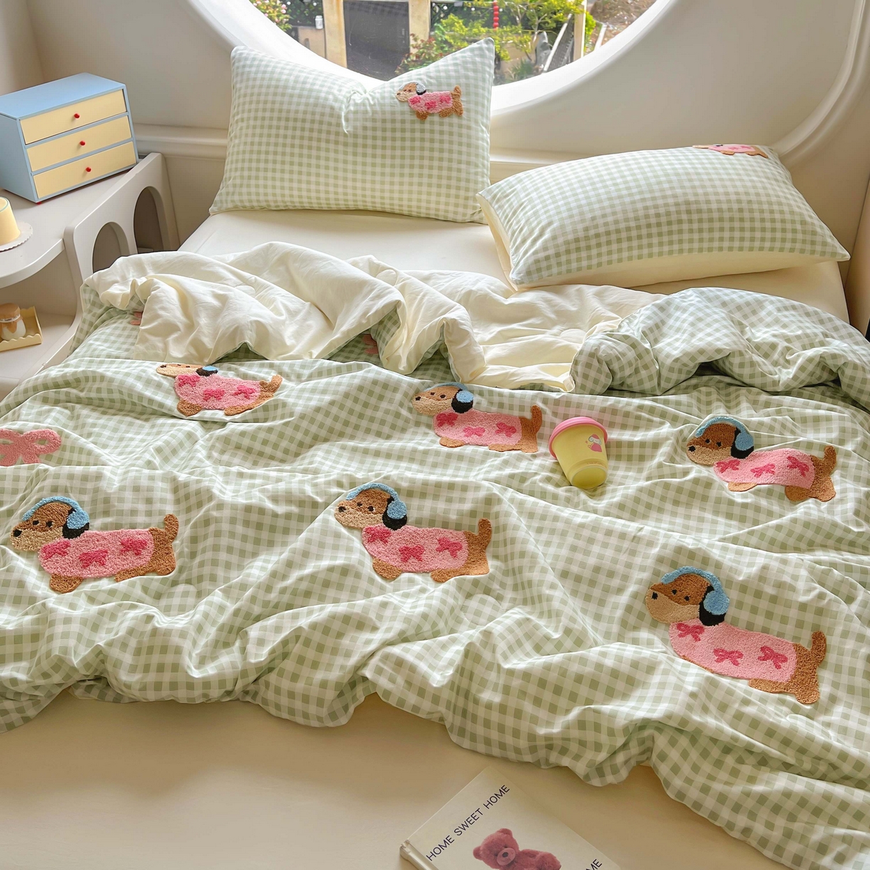 灰鲸 2025新款云朵棉毛巾绣夏被四件套 蝴蝶结腊肠狗-绿格+奶油黄