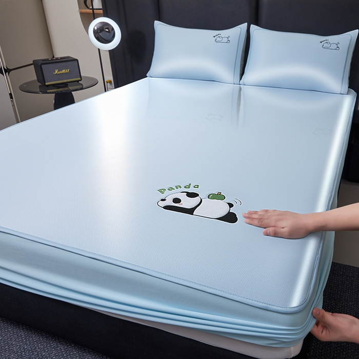 全季家居 2025新款5A抗菌碳光萌趣熊猫系列贴布绣冰丝席 床笠-天蓝
