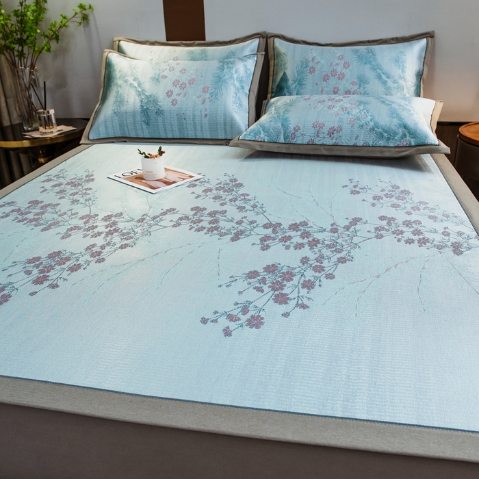 91家纺网 家纺一手货源 找家纺 全季家居 2025新款900D高精密三色纬提花冰丝凉席 床席-枝头梅花