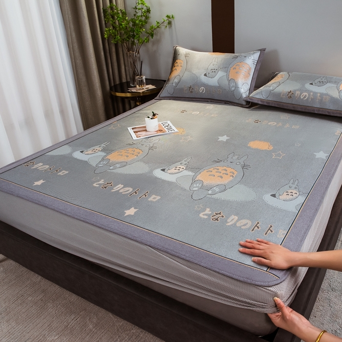 91家纺网 家纺一手货源 找家纺 全季家居 2025新款900D高精密三色纬提花冰丝凉席 床笠-龙小猫-灰