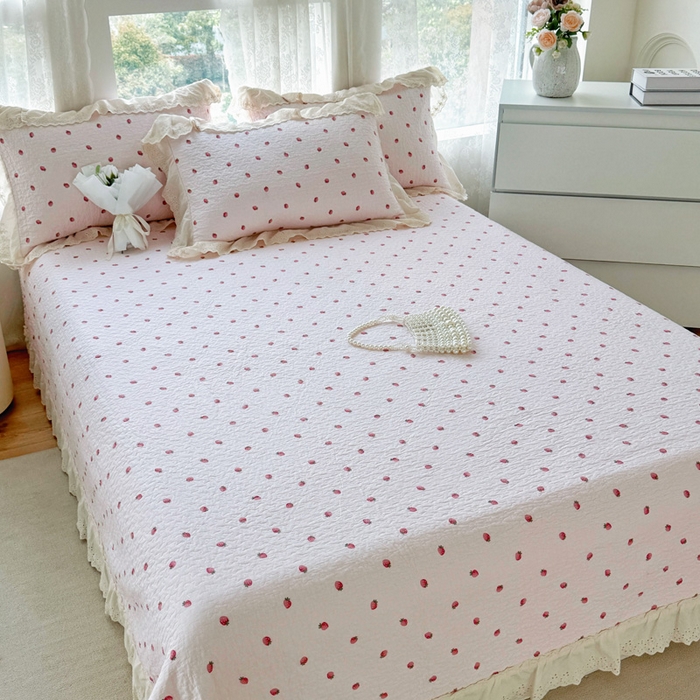 91家纺网 家纺一手货源 找家纺 添越家纺2025新款纯棉砂洗床盖三件套四件套系列 草莓小园