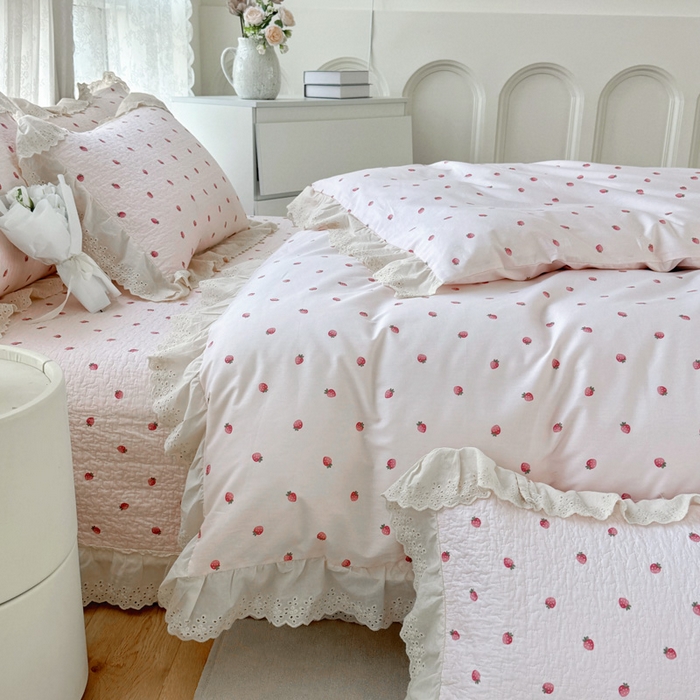 91家纺网 家纺一手货源 找家纺 添越家纺2025新款纯棉砂洗床盖三件套四件套系列 草莓小园