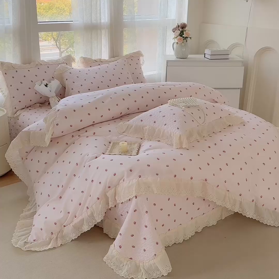 91家纺网 家纺一手货源 找家纺 添越家纺2025新款纯棉砂洗床盖三件套四件套系列 草莓小园