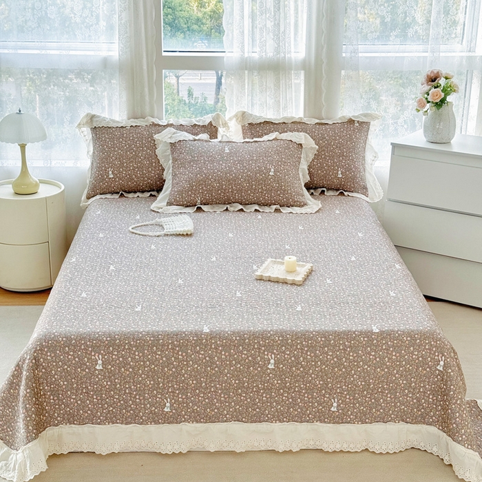 添越家纺2025新款纯棉砂洗床盖三件套四件套系列 查理兔-咖