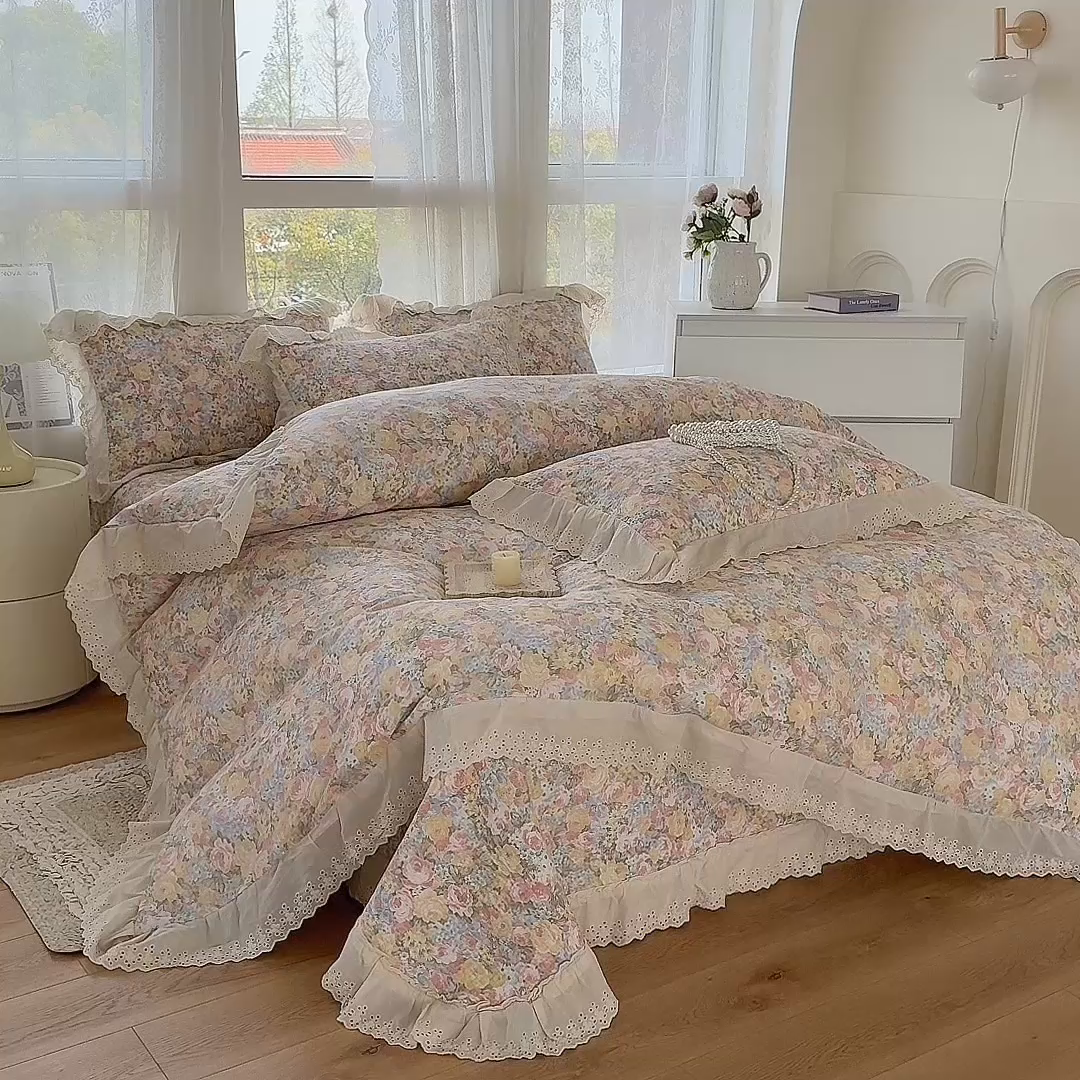 91家纺网 家纺一手货源 找家纺 添越家纺2025新款纯棉砂洗床盖三件套四件套系列 花海