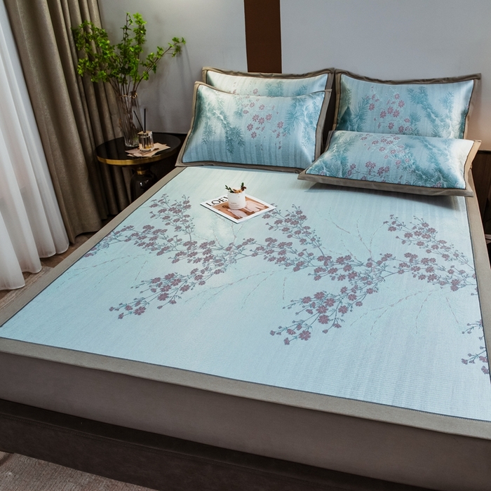 91家纺网 家纺一手货源 找家纺 全季家居 2025新款900D高精密三色纬提花冰丝凉席 床席-枝头梅花