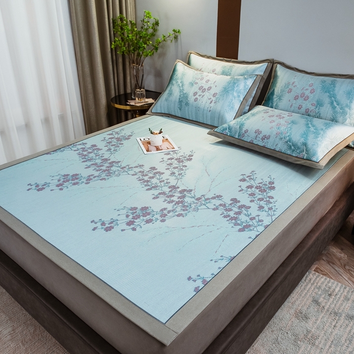 91家纺网 家纺一手货源 找家纺 全季家居 2025新款900D高精密三色纬提花冰丝凉席 床席-枝头梅花