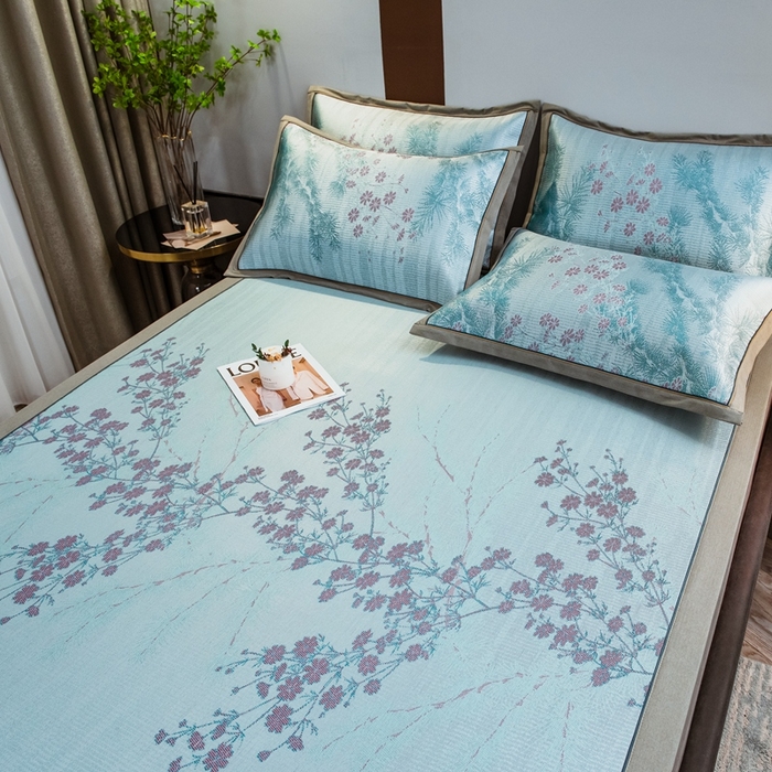 91家纺网 家纺一手货源 找家纺 全季家居 2025新款900D高精密三色纬提花冰丝凉席 床席-枝头梅花