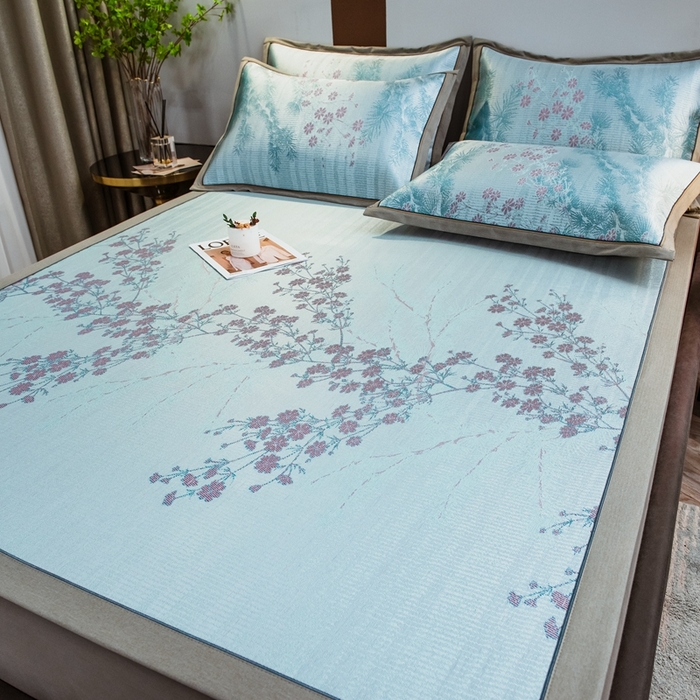 91家纺网 家纺一手货源 找家纺 全季家居 2025新款900D高精密三色纬提花冰丝凉席 床席-枝头梅花