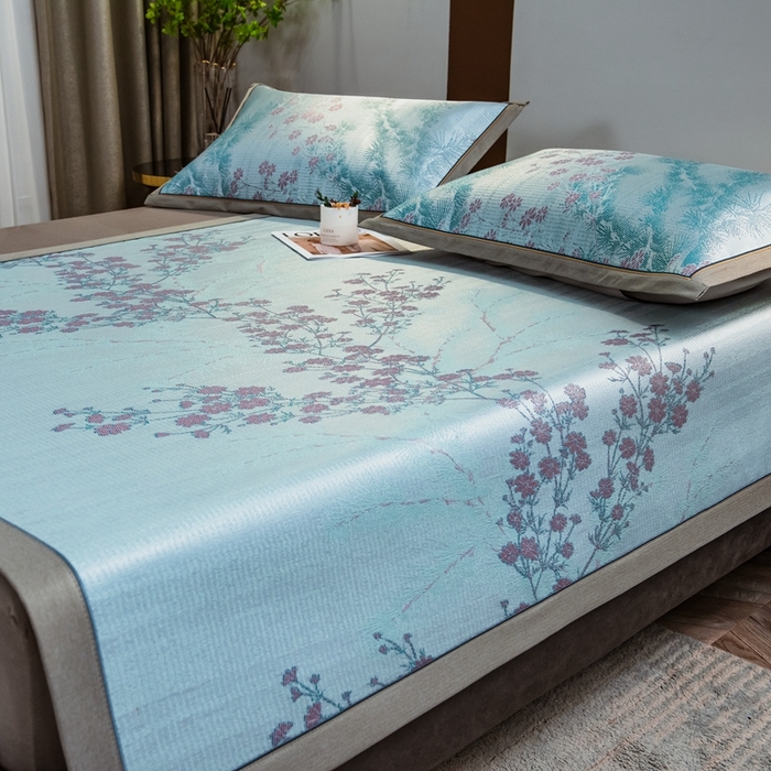 91家纺网 家纺一手货源 找家纺 全季家居 2025新款900D高精密三色纬提花冰丝凉席 床席-枝头梅花