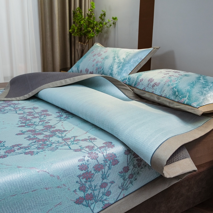 91家纺网 家纺一手货源 找家纺 全季家居 2025新款900D高精密三色纬提花冰丝凉席 床席-枝头梅花