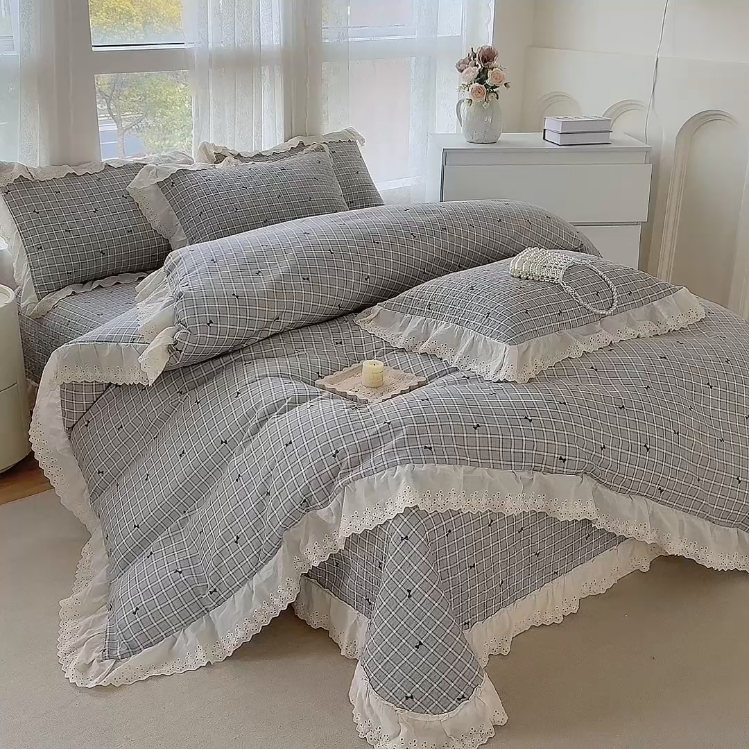91家纺网 家纺一手货源 找家纺 添越家纺2025新款纯棉砂洗床盖三件套四件套系列 卡米洛-灰