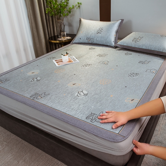 全季家居 2025新款900D高精密三色纬提花冰丝凉席 床笠-动物乐园