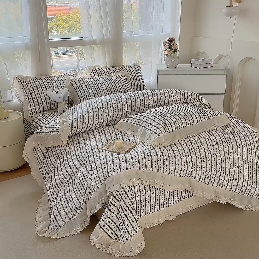 91家纺网 家纺一手货源 找家纺 添越家纺2025新款纯棉砂洗床盖三件套四件套系列 玫瑰物语