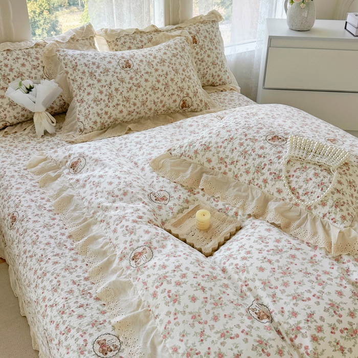 91家纺网 家纺一手货源 找家纺 添越家纺2025新款纯棉砂洗床盖三件套四件套系列 田园小熊-米