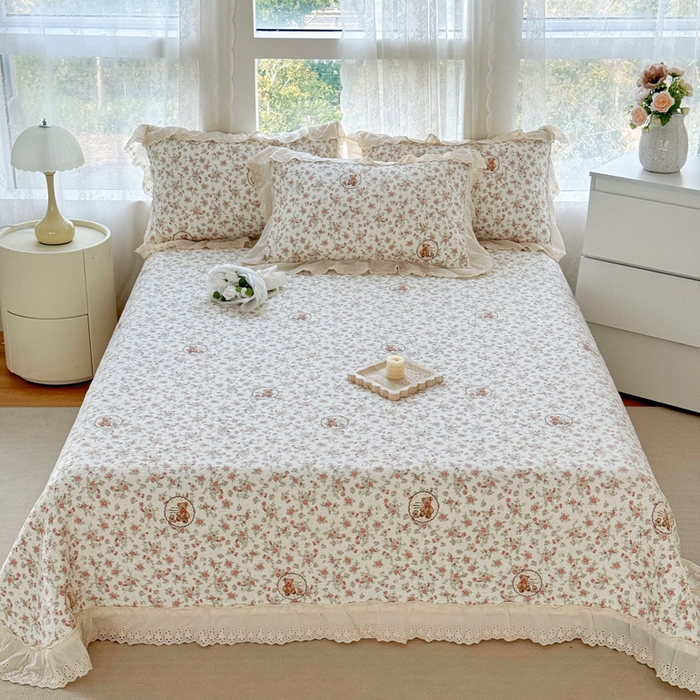 91家纺网 家纺一手货源 找家纺 添越家纺2025新款纯棉砂洗床盖三件套四件套系列 田园小熊-米