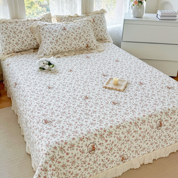 91家纺网 家纺一手货源 找家纺 添越家纺2025新款纯棉砂洗床盖三件套四件套系列 田园小熊-米