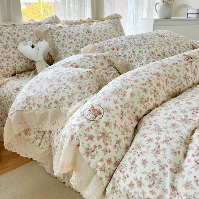 91家纺网 家纺一手货源 找家纺 添越家纺2025新款纯棉砂洗床盖三件套四件套系列 田园小熊-米
