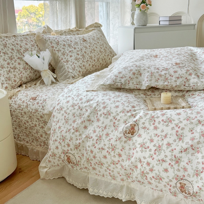 91家纺网 家纺一手货源 找家纺 添越家纺2025新款纯棉砂洗床盖三件套四件套系列 田园小熊-米
