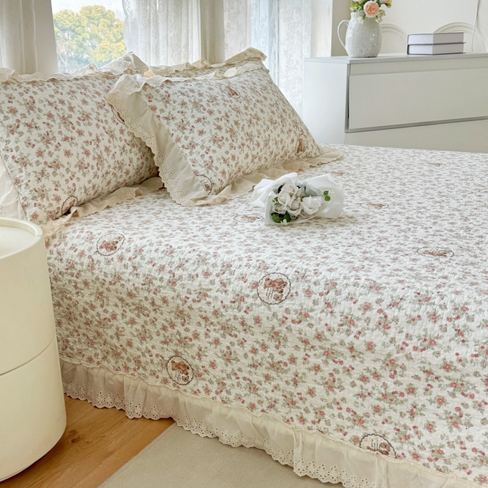 91家纺网 家纺一手货源 找家纺 添越家纺2025新款纯棉砂洗床盖三件套四件套系列 田园小熊-米