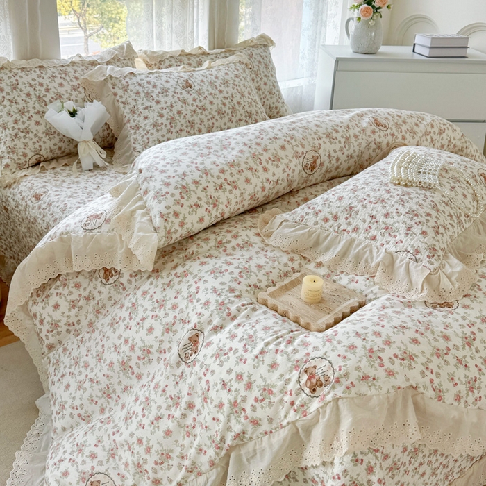 91家纺网 家纺一手货源 找家纺 添越家纺2025新款纯棉砂洗床盖三件套四件套系列 田园小熊-米