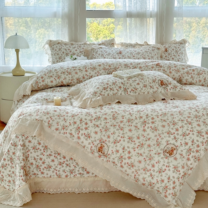 91家纺网 家纺一手货源 找家纺 添越家纺2025新款纯棉砂洗床盖三件套四件套系列 田园小熊-米