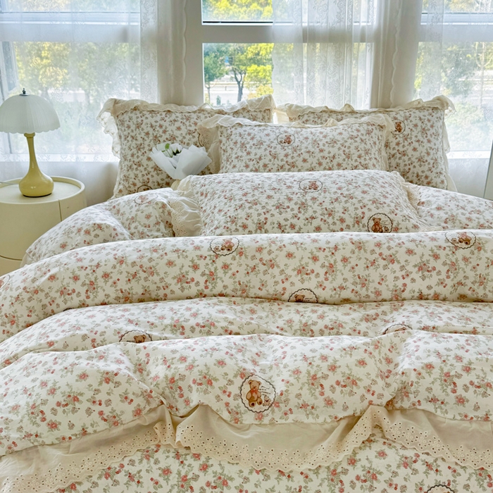 91家纺网 家纺一手货源 找家纺 添越家纺2025新款纯棉砂洗床盖三件套四件套系列 田园小熊-米