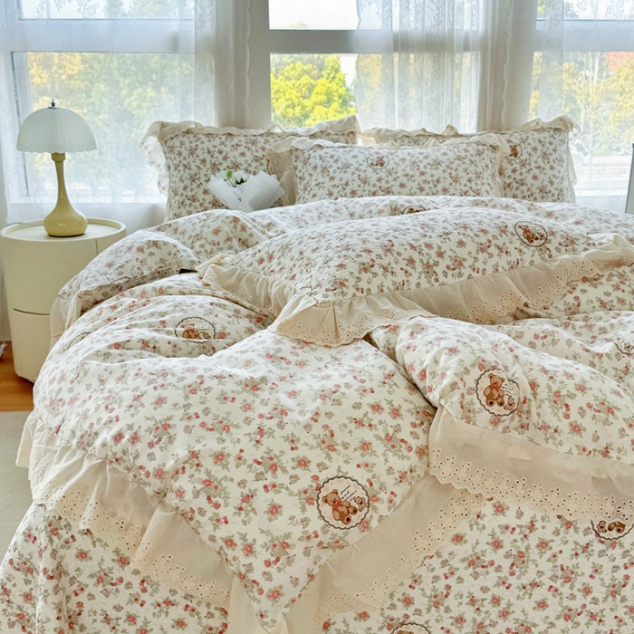 91家纺网 家纺一手货源 找家纺 添越家纺2025新款纯棉砂洗床盖三件套四件套系列 田园小熊-米