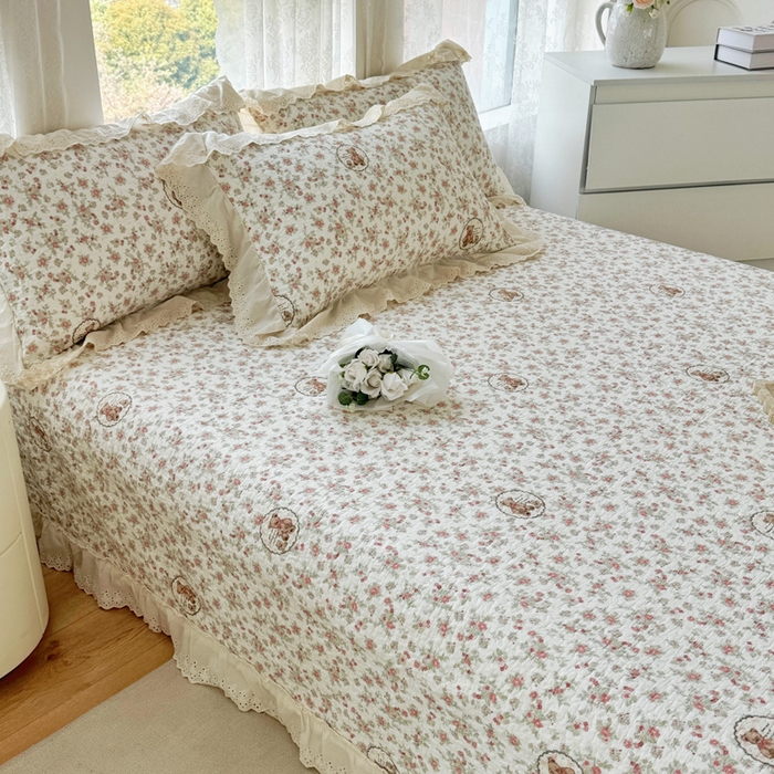 91家纺网 家纺一手货源 找家纺 添越家纺2025新款纯棉砂洗床盖三件套四件套系列 田园小熊-米