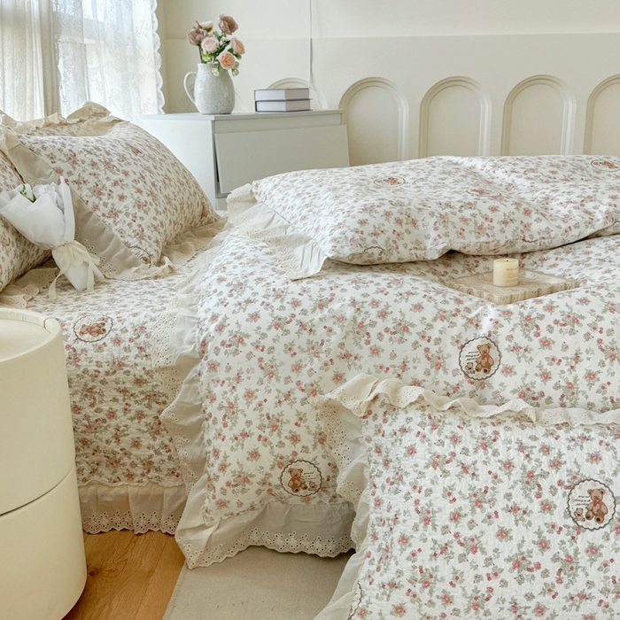 91家纺网 家纺一手货源 找家纺 添越家纺2025新款纯棉砂洗床盖三件套四件套系列 田园小熊-米