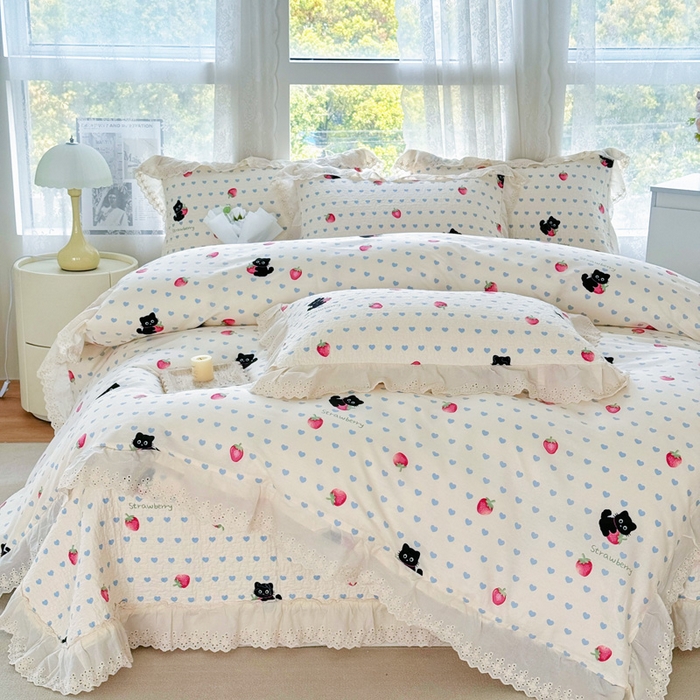 91家纺网 家纺一手货源 找家纺 添越家纺2025新款纯棉砂洗床盖三件套四件套系列 甜心小猫