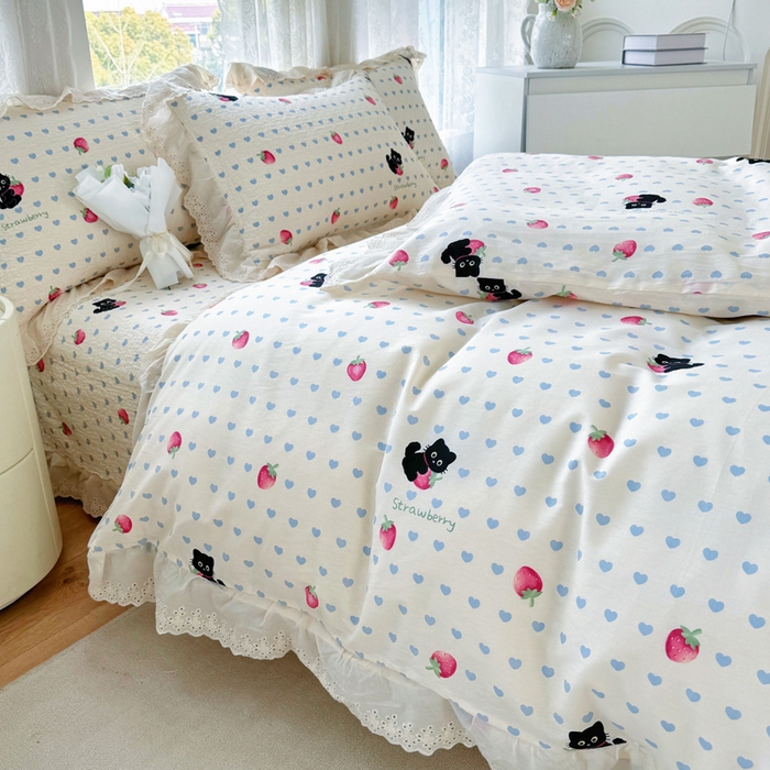 91家纺网 家纺一手货源 找家纺 添越家纺2025新款纯棉砂洗床盖三件套四件套系列 甜心小猫